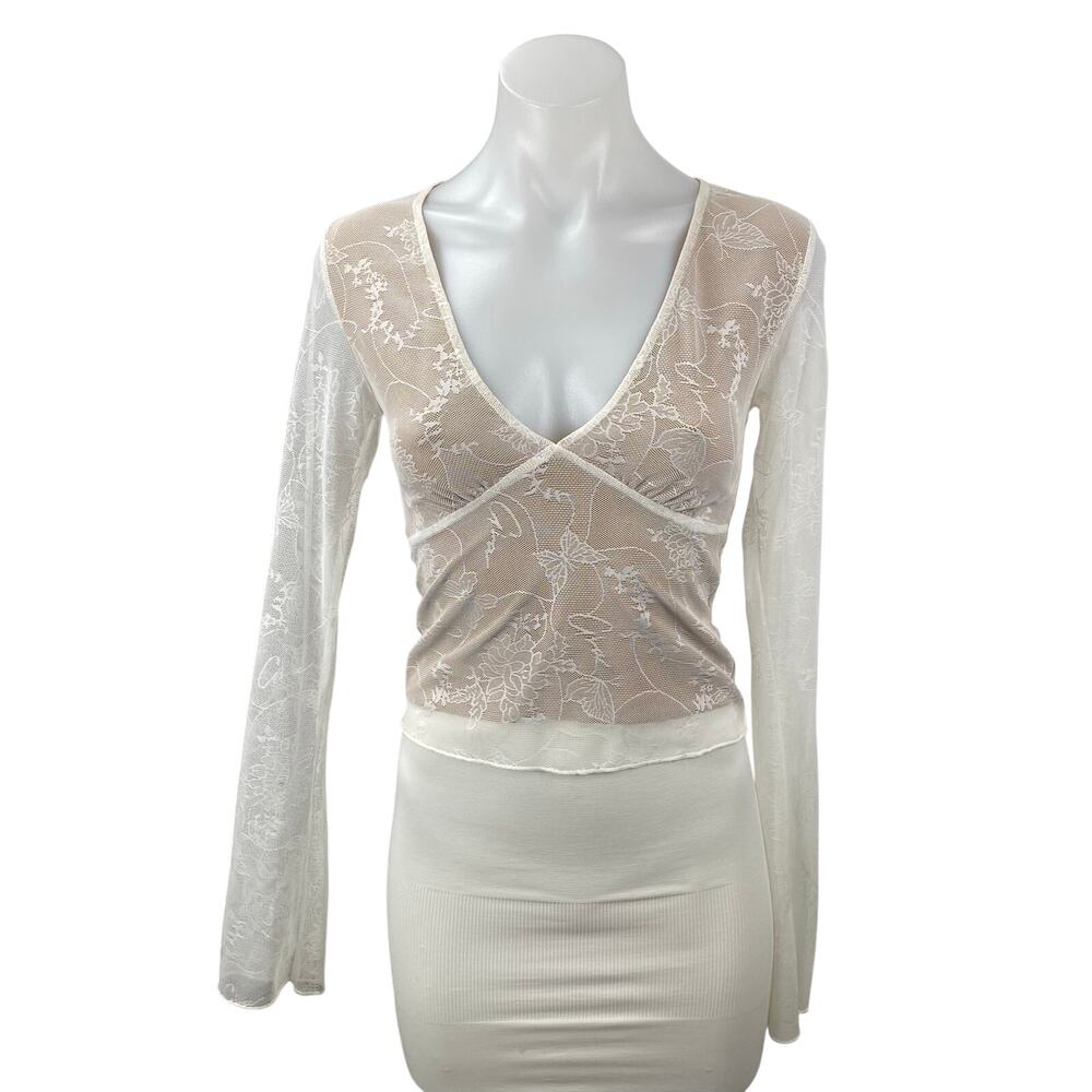 I.AM.GIA Yvette White Beige Floral Lace Layered Long Sleeve V Neck Blouse Top S